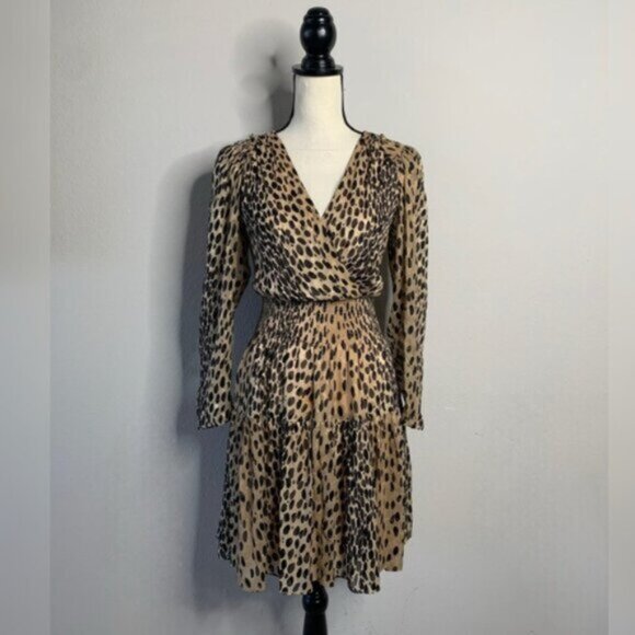 Rebecca Taylor Leopard Print Long Sleeve Plunged Neckline Mini Dress - Picture 4 of 16